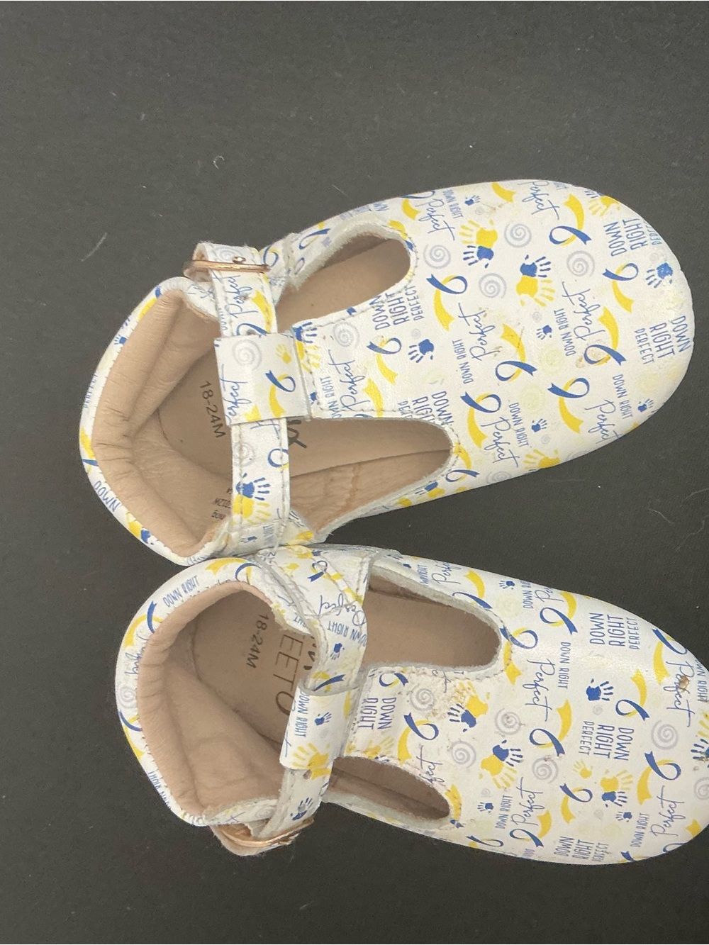 Monkey Feet White Mary Jane Shoes with Yellow & Blue Down syndrome print